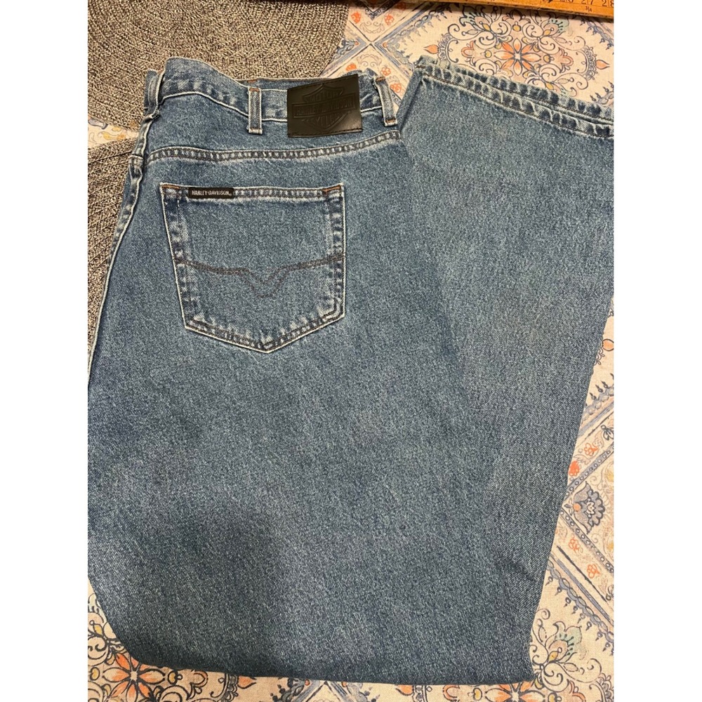 Harley-Davidson Mens Blue Denim Straight Leg Biker Jeans 42x34 Medium Wash